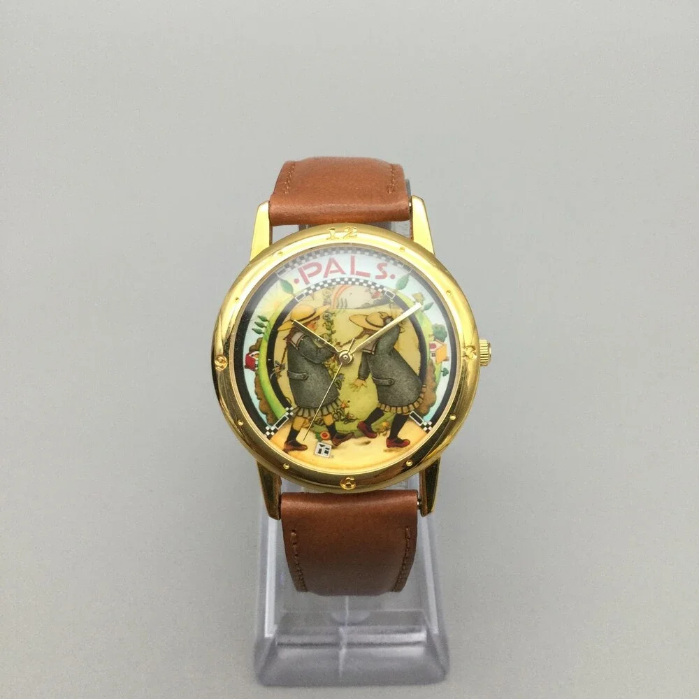 Mary Engelbreit Pals Womens Watch 34mm Gold Tone Brown Leather Band New Battery